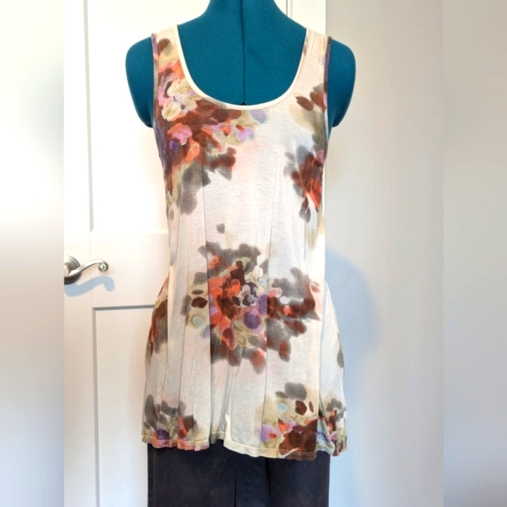 Weston Wear Tunic Tank Top Small Med Scoop Neck Beige Floral Watercolor Boho